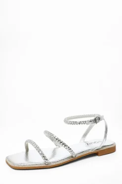 Quiz Silver Diamante Double Strap Flat Sandals