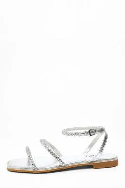 Quiz Silver Diamante Double Strap Flat Sandals
