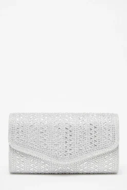 Quiz Diamante Envelope Clutch Bag Silver Discount