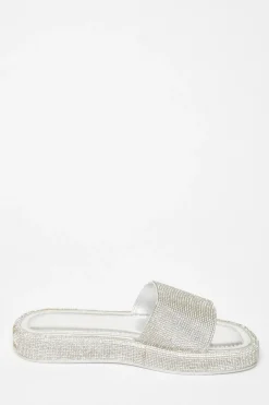 Quiz Diamante Flat Sandals Silver Online