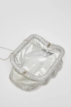 Quiz Diamante Gathered Pouch Bag Silver Hot