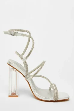 Quiz Diamante Heeled Sandals Silver Discount