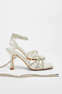 Quiz Diamante Lace Up Heels Silver New