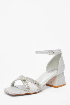 Quiz Diamante Low Block Heels Silver Hot