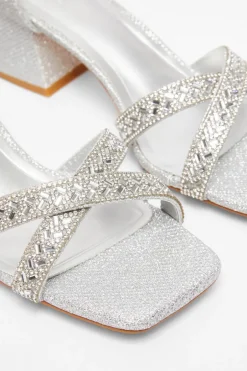 Quiz Diamante Low Block Heels Silver Hot