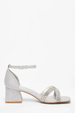 Quiz Diamante Low Block Heels Silver Hot