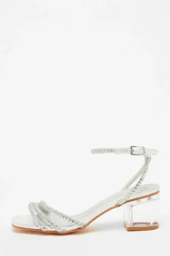 Quiz Diamante Low Heeled Sandals Silver Clearance