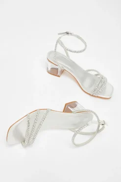 Quiz Diamante Low Heeled Sandals Silver Clearance