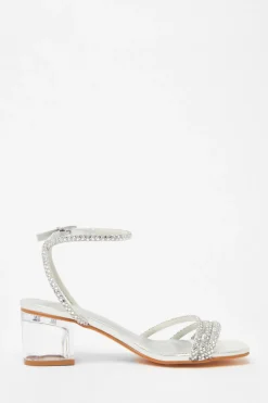 Quiz Diamante Low Heeled Sandals Silver Clearance
