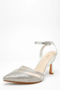 Quiz Diamante Mesh Court Heels Silver Hot