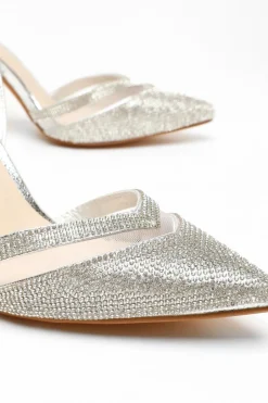 Quiz Diamante Mesh Court Heels Silver Hot