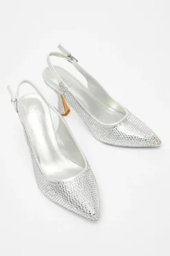 Quiz Silver Diamante Sling Back Court Heels Best