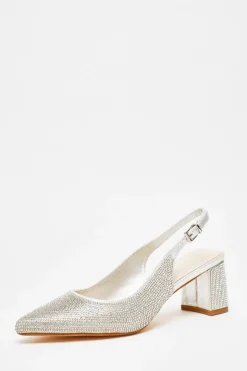 Quiz Silver Diamante Slingback Block Heel Sale