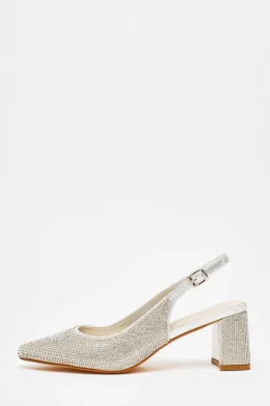 Quiz Silver Diamante Slingback Block Heel Sale