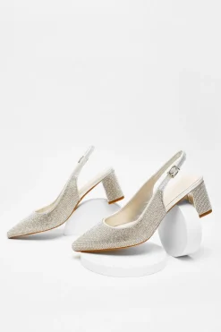 Quiz Silver Diamante Slingback Block Heel Sale