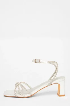 Quiz Diamante Strap Block Heels Silver Clearance