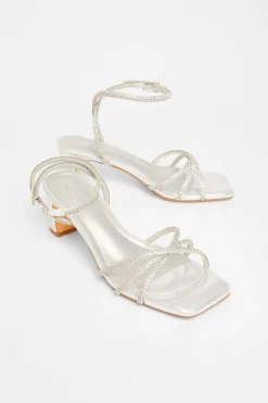 Quiz Diamante Strap Block Heels Silver Clearance