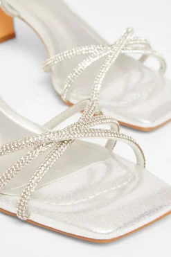 Quiz Diamante Strap Block Heels Silver Clearance