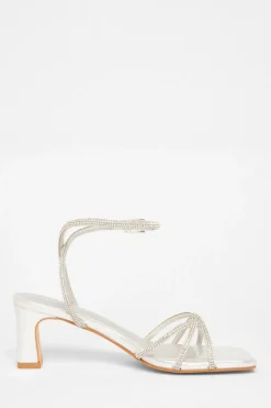 Quiz Diamante Strap Block Heels Silver Clearance