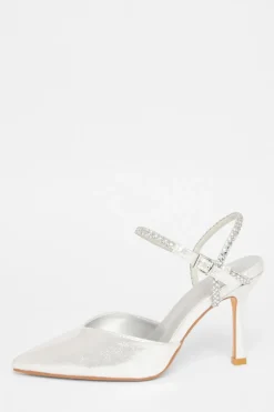 Quiz Diamante Strap Court Heels Silver Outlet