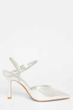 Quiz Diamante Strap Court Heels Silver Outlet