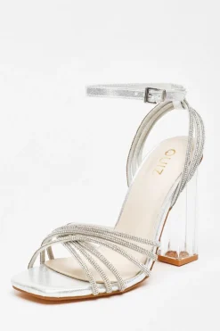Quiz Diamante Strap Heeled Sandals Silver Sale