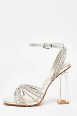 Quiz Diamante Strap Heeled Sandals Silver Sale