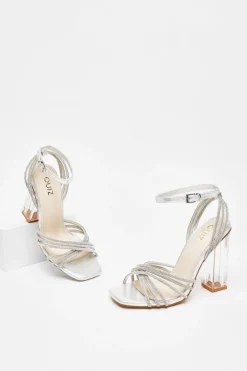 Quiz Diamante Strap Heeled Sandals Silver Sale
