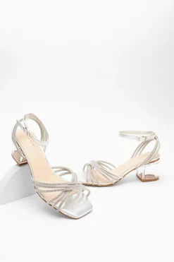 Quiz Diamante Strap Low Heeled Sandals Silver Sale