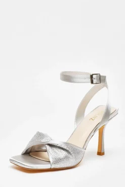Quiz Diamante Strappy Block Heeled Sandals Silver