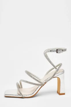 Quiz Diamante Strappy Block Heeled Sandals Silver Hot