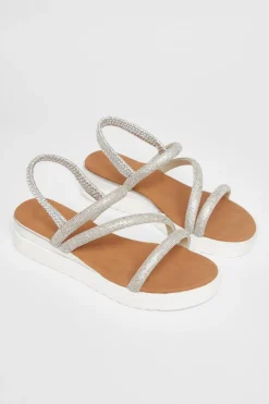 Quiz Silver Diamante Strappy Flatform Sandals