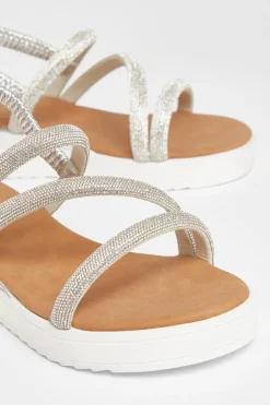 Quiz Silver Diamante Strappy Flatform Sandals