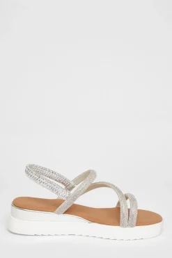 Quiz Silver Diamante Strappy Flatform Sandals