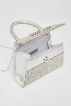 Quiz Diamante Top Handle Bag Silver Clearance