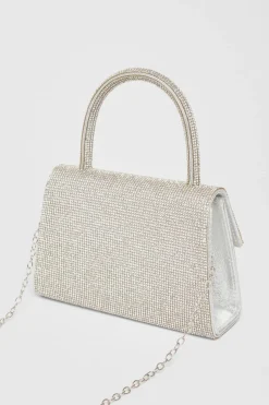 Quiz Diamante Top Handle Bag Silver Clearance