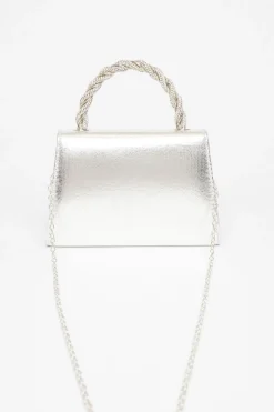 Quiz Diamante Twist Top Handle Bag Silver Hot