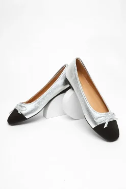 Quiz Silver Faux Leather Flat Pumps Sale