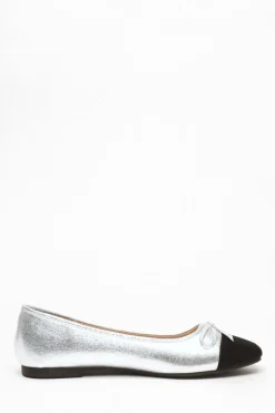 Quiz Silver Faux Leather Flat Pumps Sale
