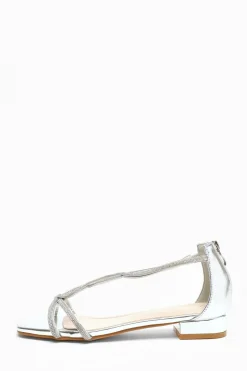 Quiz Silver Foil Diamante T-Strap Flat Sandals Hot