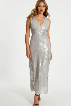 Quiz Silver Foil Plunge Maxi Dress Discount