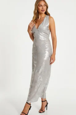 Quiz Silver Foil Plunge Maxi Dress Discount