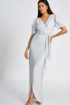 Quiz Silver Glitter Wrap Maxi Dress Clearance