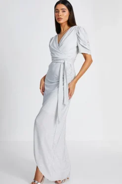 Quiz Silver Glitter Wrap Maxi Dress Clearance