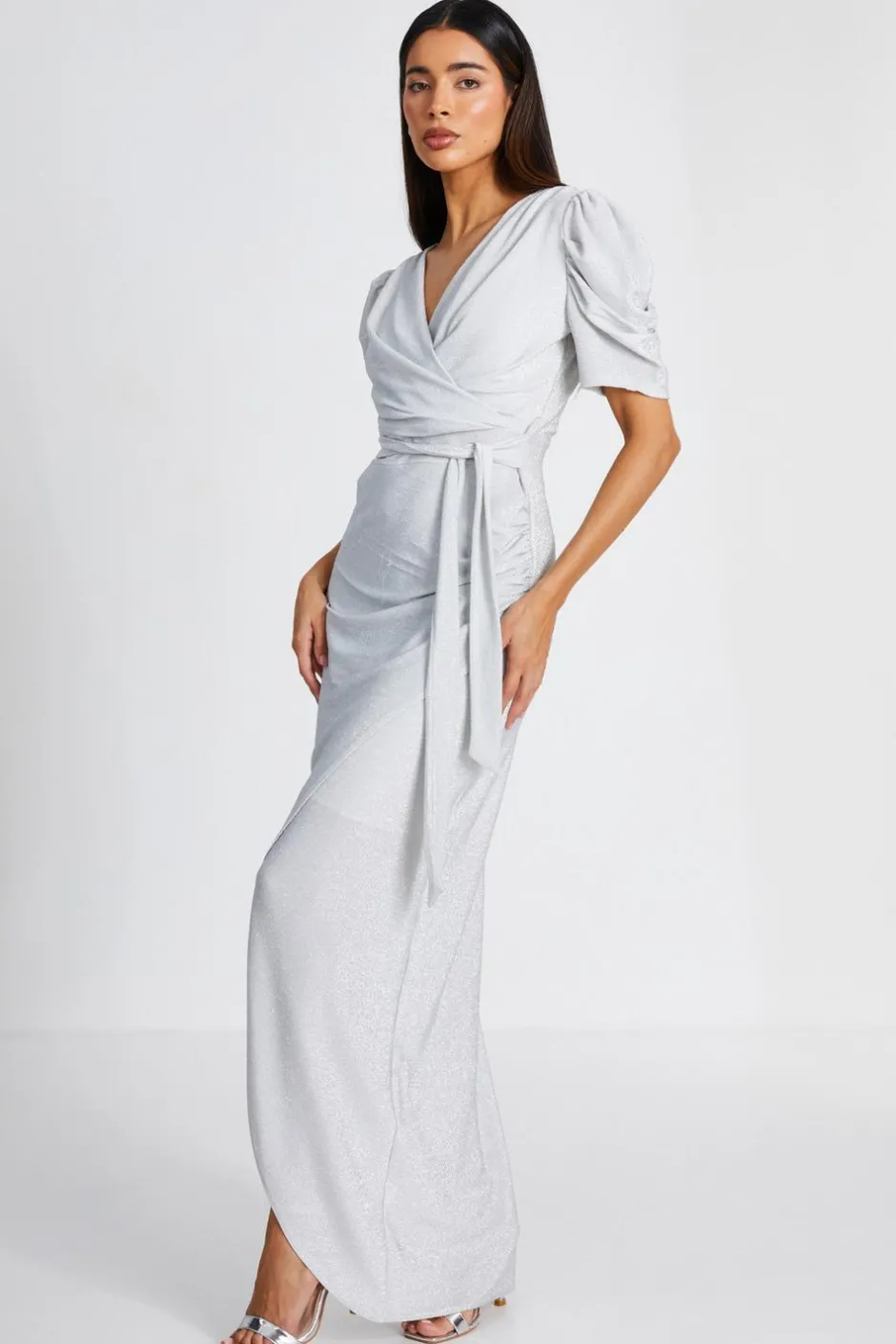 Quiz Silver Glitter Wrap Maxi Dress Clearance