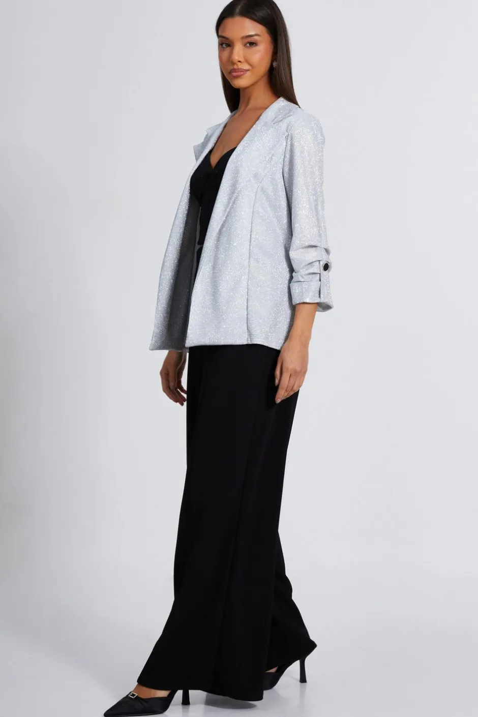 Quiz Silver Ruched Sleeve Blazer New