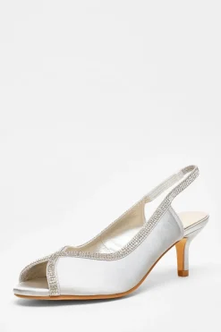 Quiz Satin Diamante Low Heeled Slingback Heels Silver