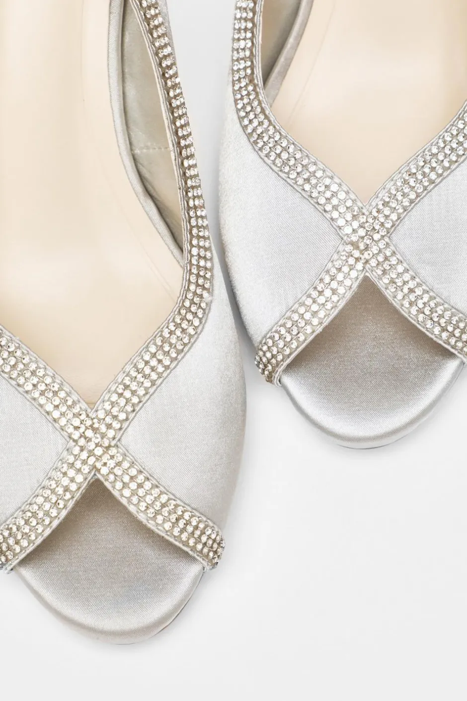Quiz Satin Diamante Low Heeled Slingback Heels Silver