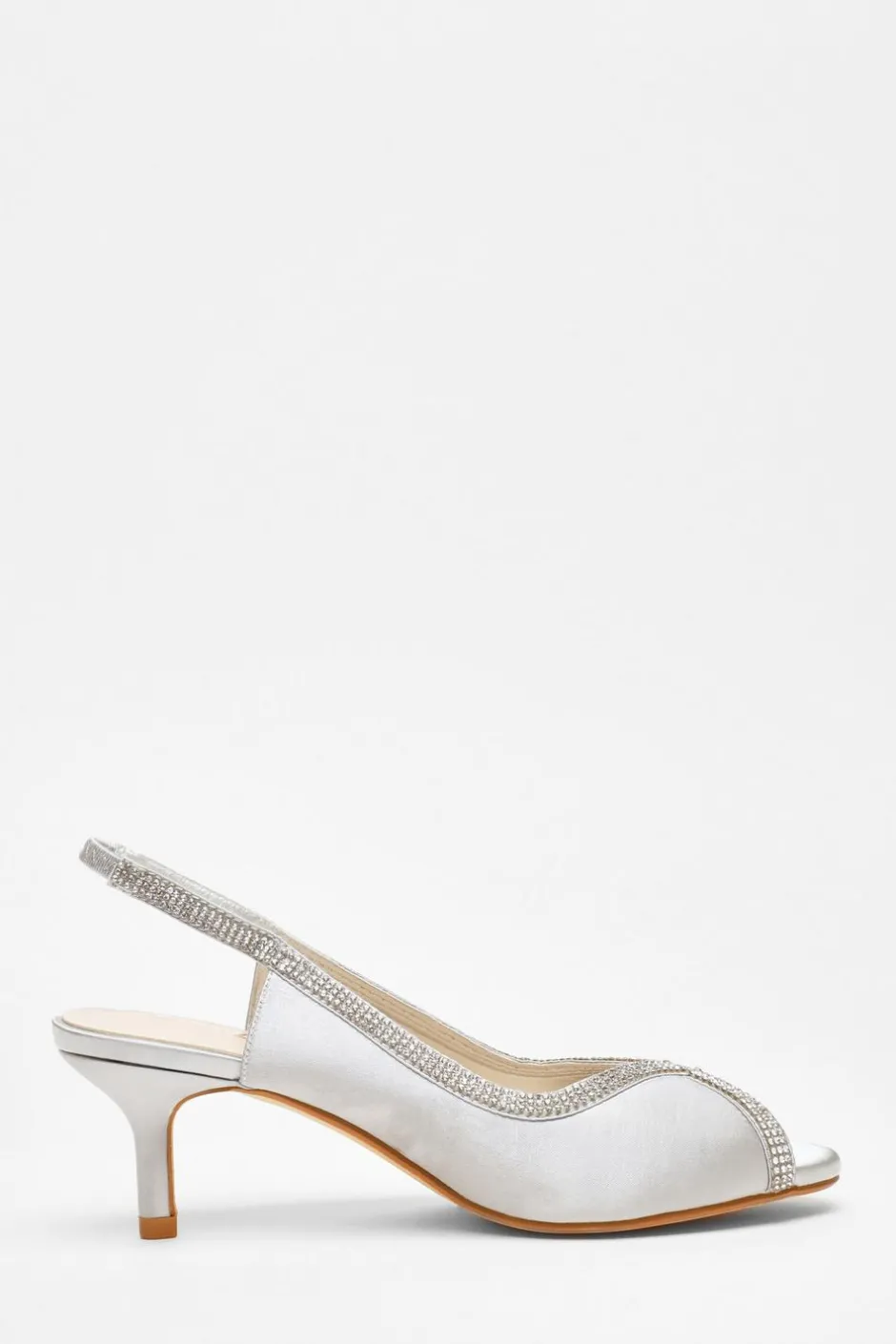 Quiz Satin Diamante Low Heeled Slingback Heels Silver