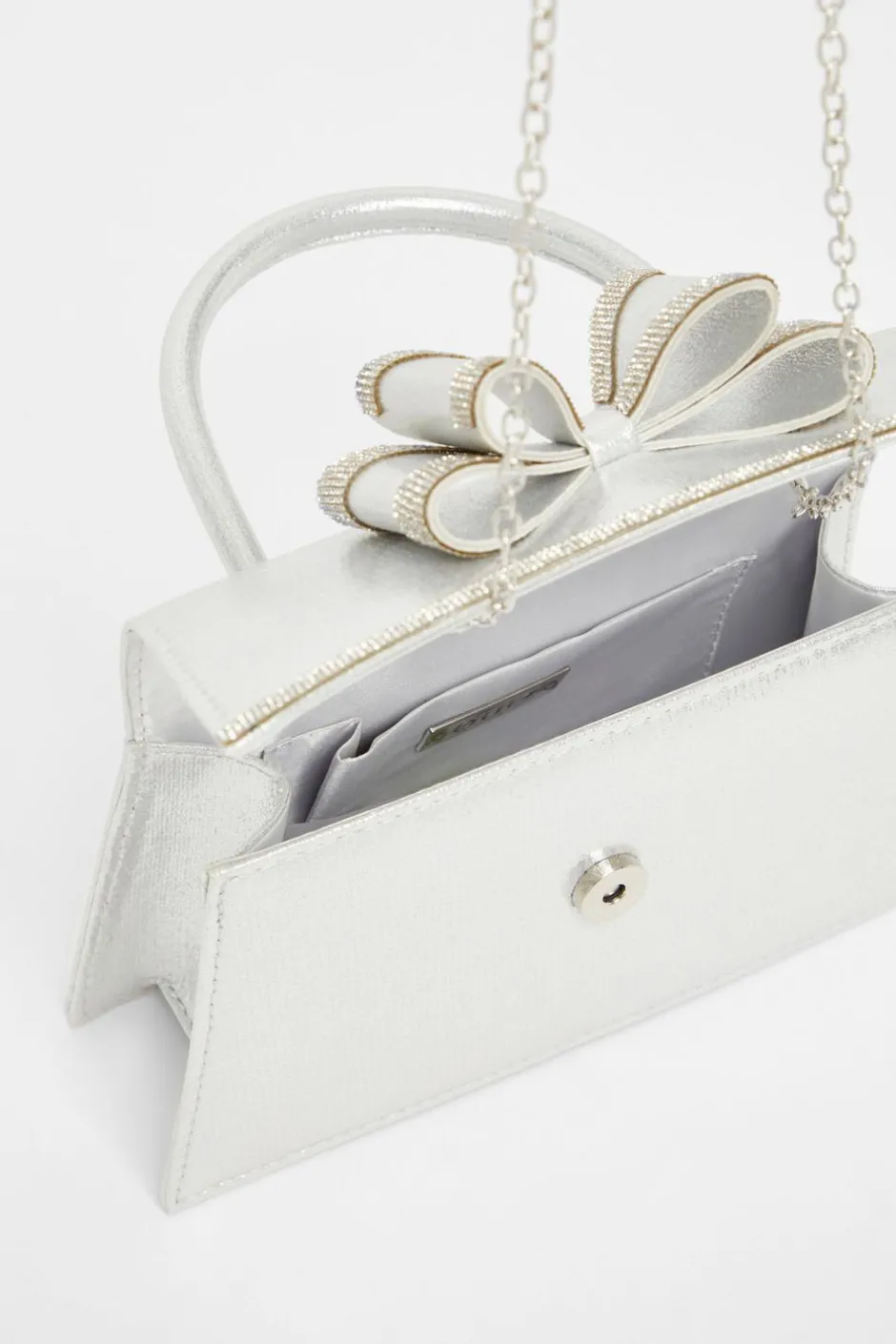 Quiz Satin Double Bow Bag Silver New
